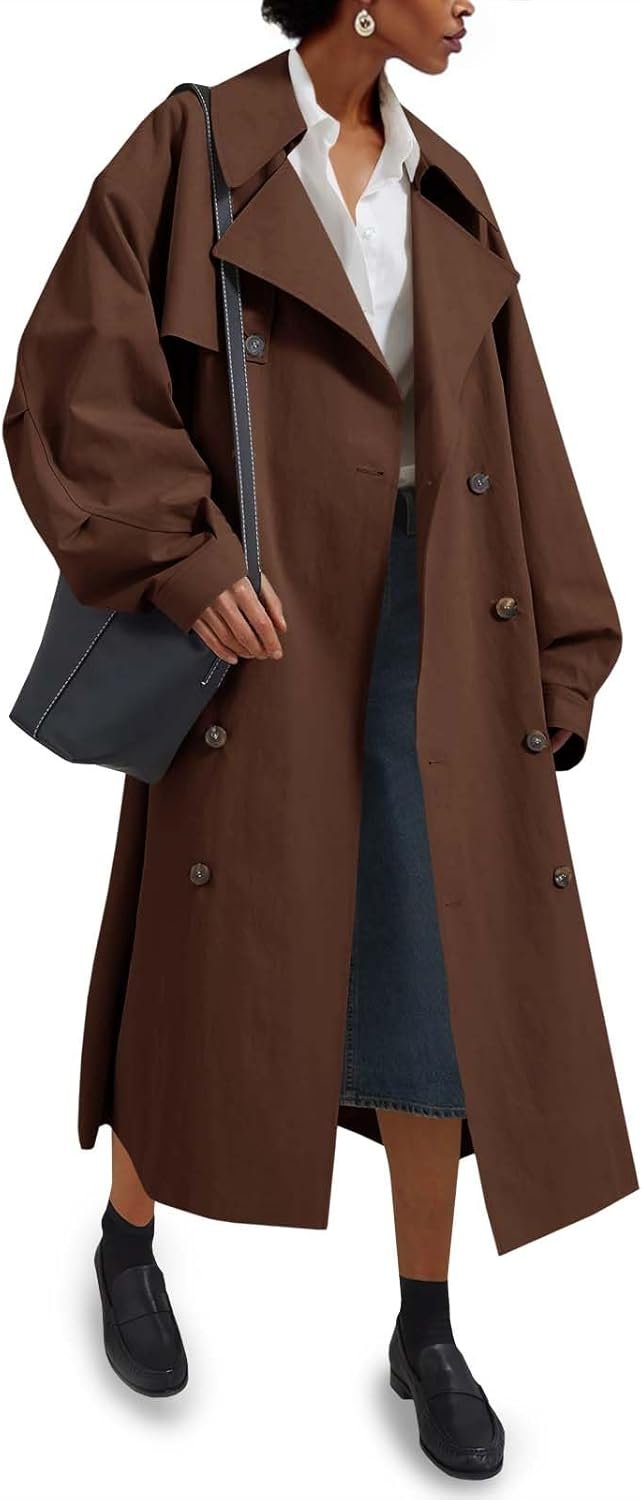 51-KawMpcyL._AC_SL1500_.jpg Women Double Breasted Long Trench Coat Oversized Classic Lapel Belted Overcoat - Image 1
