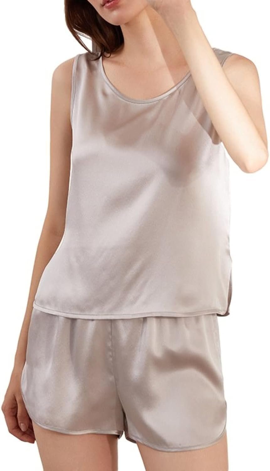 51bU62-uBfL._AC_SL1500_.jpg Ladies Pajamas 100% Mulberry Silk Vest Shorts Set Sleeveless Homewear Summer Pajamas - Image 1