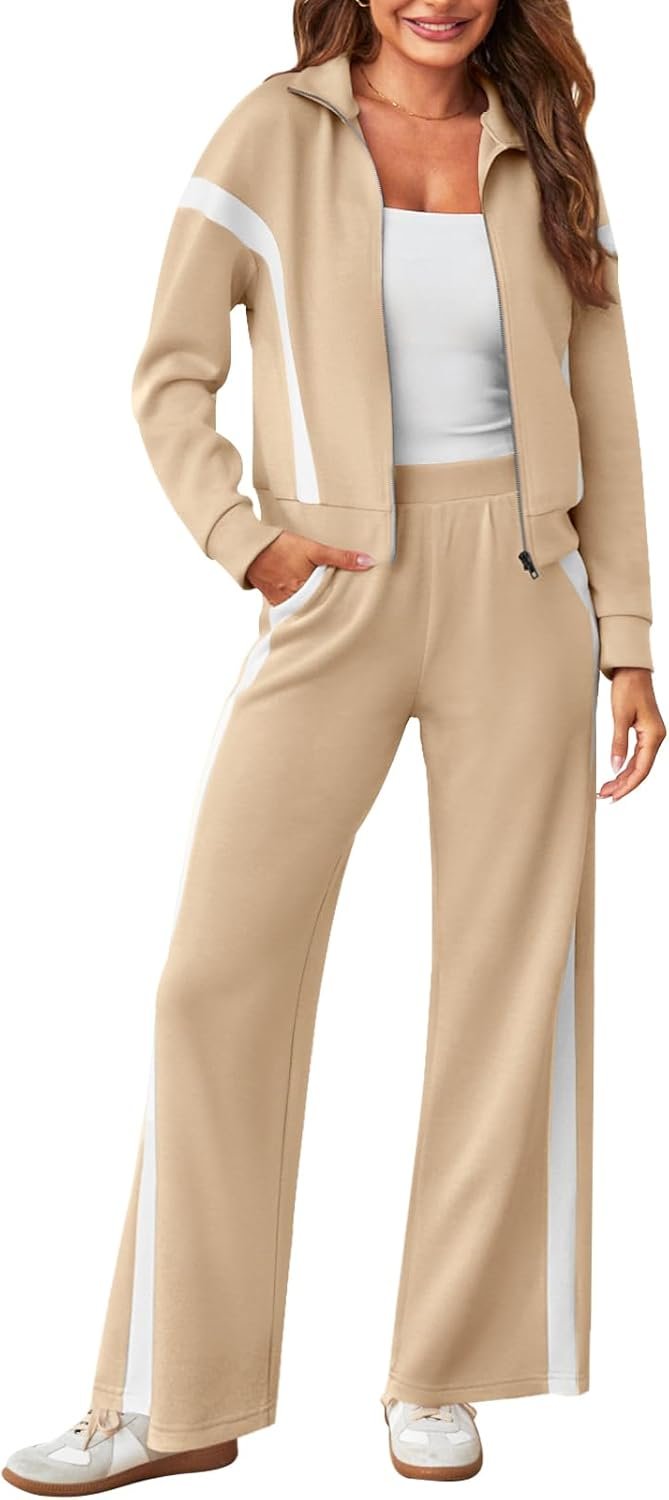 51dpslwFVL._AC_SL1500_.jpg Women 2 Piece Outfits Color Block Sweatsuit Zip Up Sweatshirt Wide Leg Sweatpant Tracksuit Lounge Travel Set - Image 1