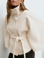 Women Batwing Sleeve Poncho Pea Coats Fall Trendy Stand Collar Belted Cloak Cape Wool Coats Winter Jackets - Image 2