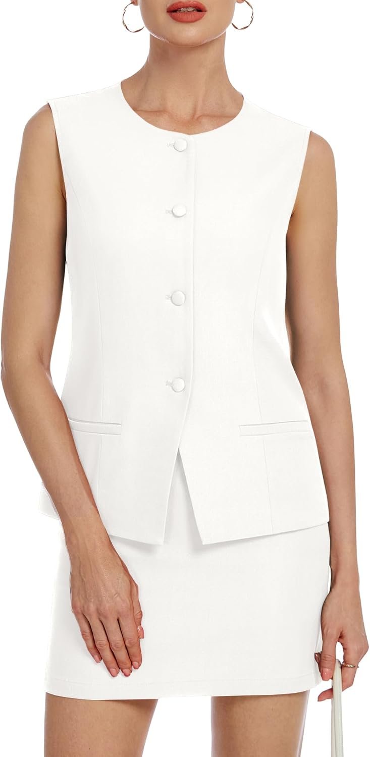 61Hge9uDPFL._AC_SL1500_.jpg Women Two Piece Blazer Outfits Summer Skirt Set Dressy Crew Neck Button Down Vest Business Casual Suit - Image 1