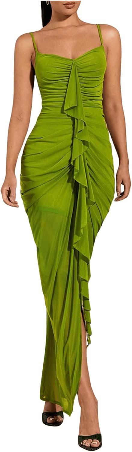 61N-V3kmesL._AC_SL1500_.jpg Women Ruffle Ruched Cami Dress Draped Split Elegant Bodycon Maxi Dresses - Image 1