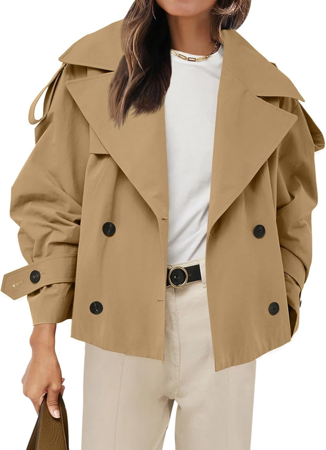 61Nl37TGN5L._AC_SL1500_.jpg Women Cropped Trench Coat Casual Double Breasted Short Jacket Fall Fashion Outerwear with Belt - Image 1
