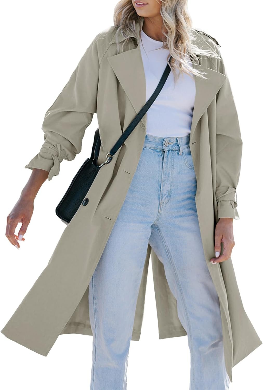 61WETHBUTL._AC_SL1500_.jpg Women Long Trench Coat Double Breasted Notch Lapel Lightweight Oversized Windproof Fall Overcoat with Belt - Image 1