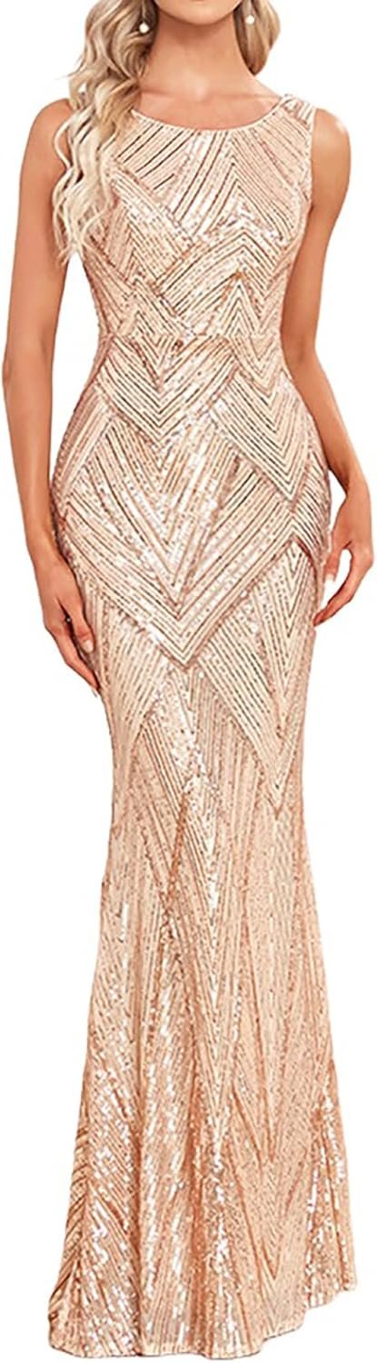 61h2gn6-aGL._AC_SL1500_.jpg Glitter Formal Dresses Long Evening Gowns Bodycon Mermaid Sparkly Sequin Boat Neck Cocktail Party Dress - Image 1