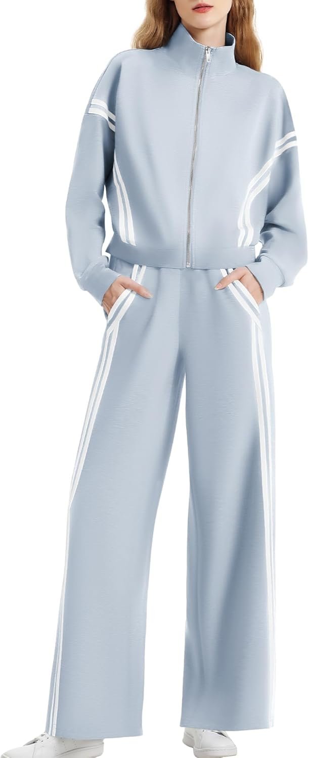 61ikz944fL._AC_SL1500_.jpg Women 2 Piece Lounge Outfits Zip Up Sweat Set Contrast Striped Wide Leg Jogging Pants Travel Track Suit - Image 1