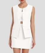 Women Two Piece Blazer Outfits Summer Skirt Set Dressy Crew Neck Button Down Vest Business Casual Suit - Image 2