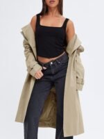 Women Double Breasted Trench Coats Causal Windproof Long Lapel Pocketed Overcoat with Belt - Image 2