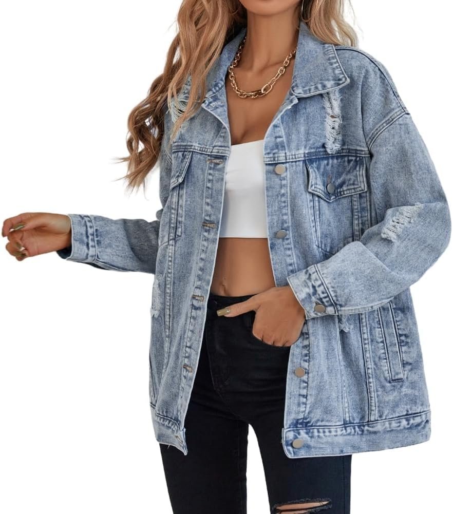 61sk7XEDQmL._AC_SL1001_.jpg Denim Jacket for Women Ripped Jean Jacket Boyfriend Long Sleeve Trucker Coat - Image 1