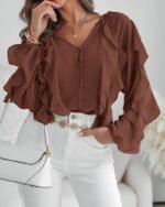 Women V Neck Ruffle Blouses Button Down Semi-Sheer Dressy Casual Top Fashion Long Sleeve Fall Chiffon Shirt - Image 2