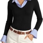 Women Long Sleeve Polo Shirts Business Casual Work Tops Slim Fit V Neck Collared Patchwork Fall Outfits