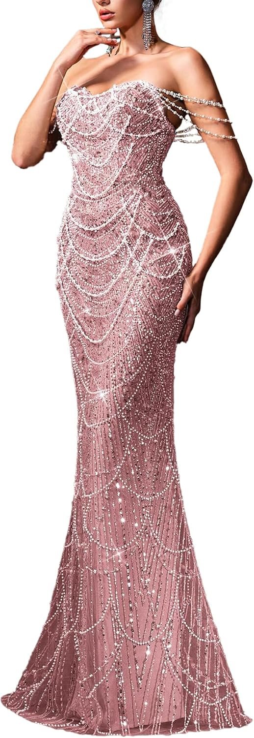 71J4IR1HuzL._AC_SL1500_.jpg Women Strapless Champagne Evening Gown Beaded Bodycon Maxi Dress for Prom Party Cocktail Wedding - Image 1