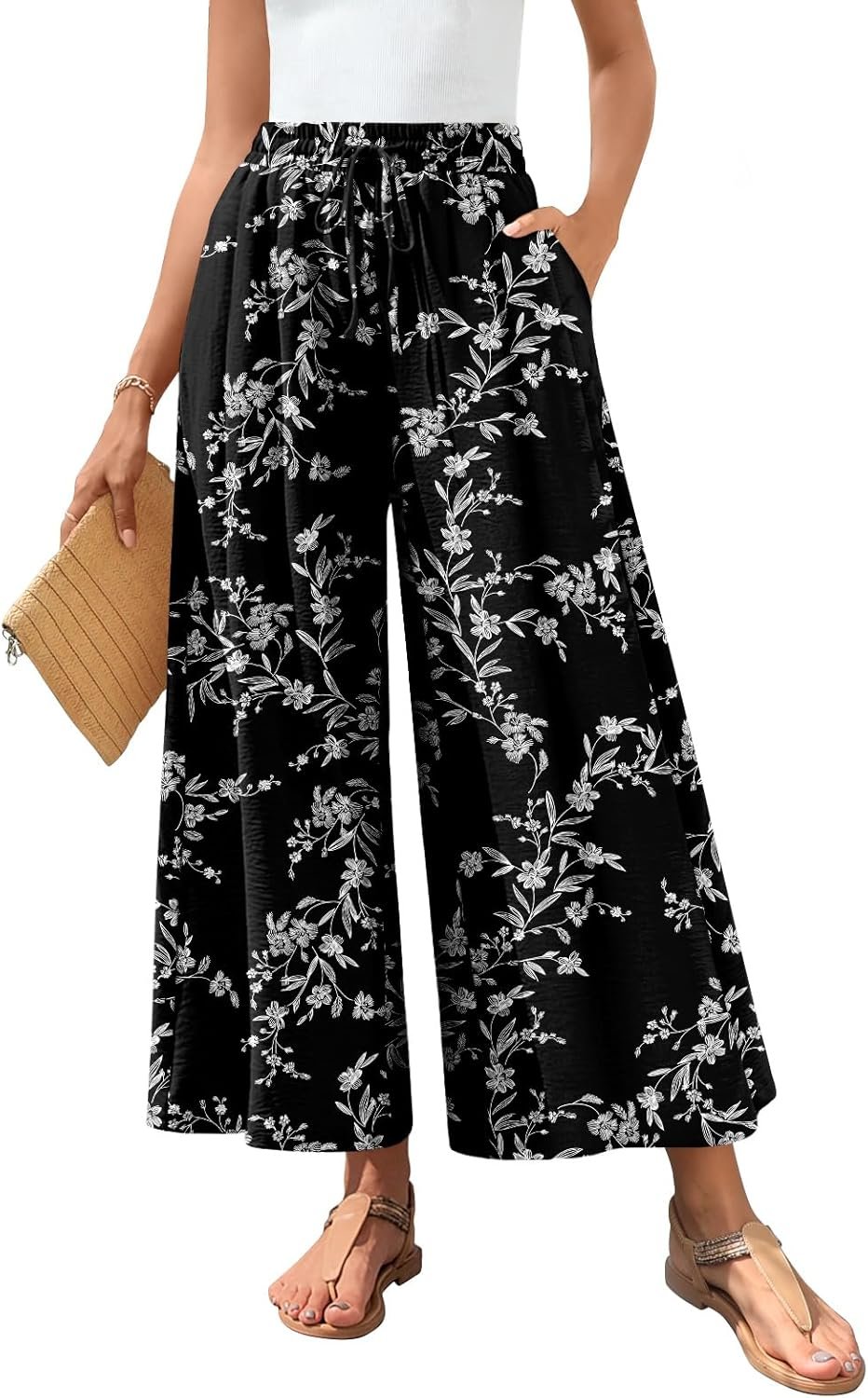 71JfGS0VWL._AC_SL1500_.jpg Women Palazzo Pants Dressy Casual Wide Leg Slacks Elastic Waist with Pockets - Image 1