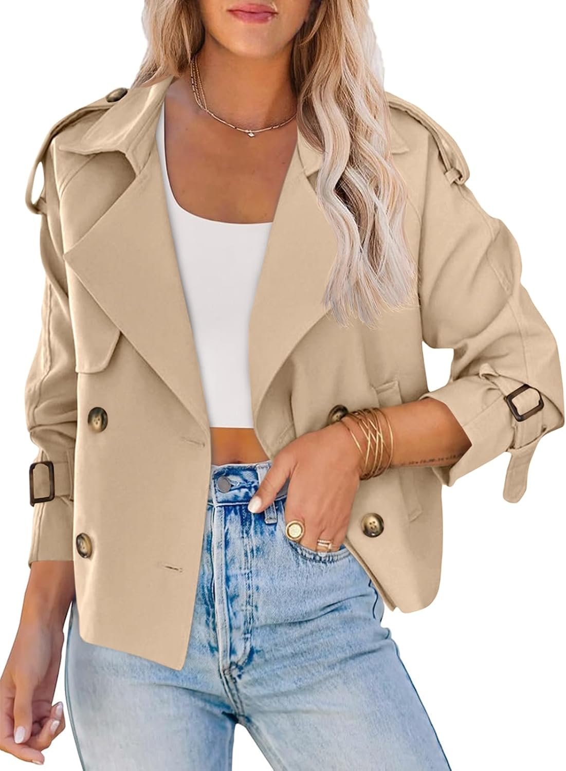 71KeB694b8L._AC_SL1500_.jpg Women Crop Double Breasted Trench Coat Raglan Sleeve Work Office Cropped Jacket With Pockets - Image 1