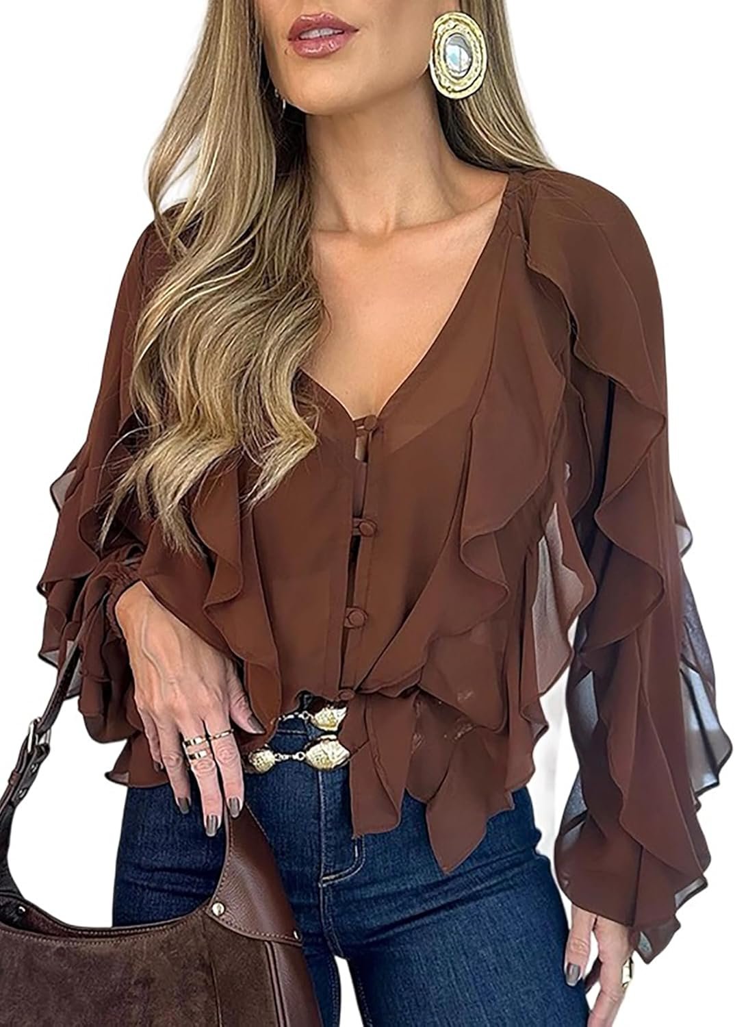 71RmhmeiAPL._AC_SL1500_.jpg Women V Neck Ruffle Blouses Button Down Semi-Sheer Dressy Casual Top Fashion Long Sleeve Fall Chiffon Shirt - Image 1