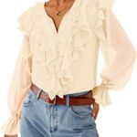 Women Long Sleeve Chiffon Dressy Casual Blouses Fall Button Down Ruffle Layered Boho Tops  Trendy Clothes