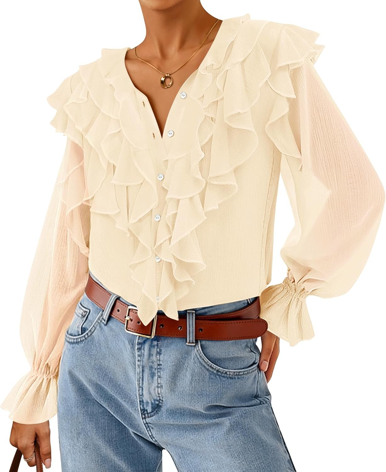 71S-d2XOML._AC_SL1500_.jpg Women Long Sleeve Chiffon Dressy Casual Blouses Fall Button Down Ruffle Layered Boho Tops Trendy Clothes - Image 1