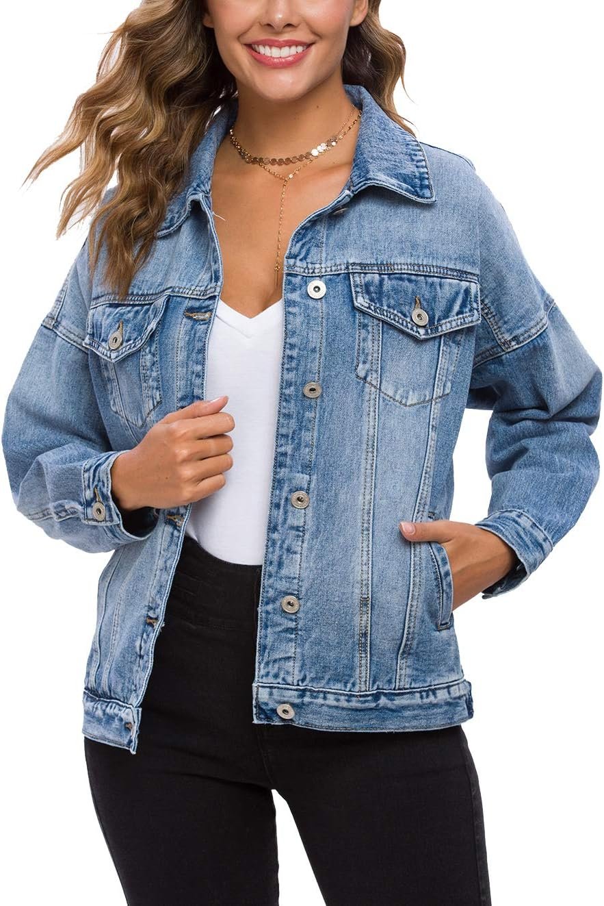 71aHXz0s-yL._AC_SL1323_.jpg Women Vintage Washed Denim Jacket Long Sleeve Classic Loose Jean Trucker Jacket - Image 1