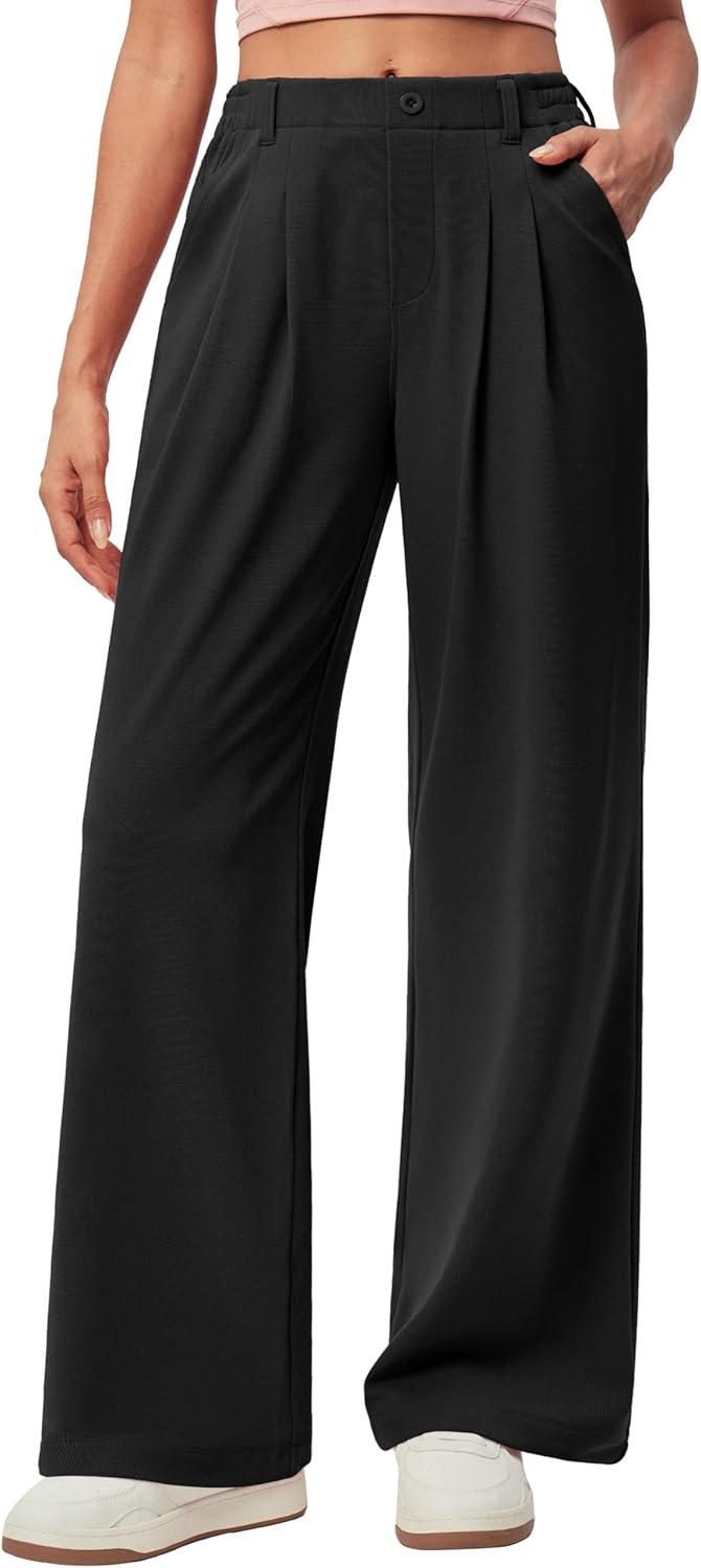 71c7jZ54GL._AC_SL1500_.jpg Wide Leg Stretchy Work Pants Pull on Business Casual Pants for Women High Waisted Slacks, 26''/28'' Dress Pants - Image 1