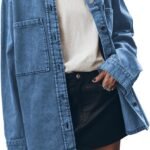 Women Jean Jacket Casual Button Up Denim Overshirt Trendy Long Sleeve Denim Jacket Coat