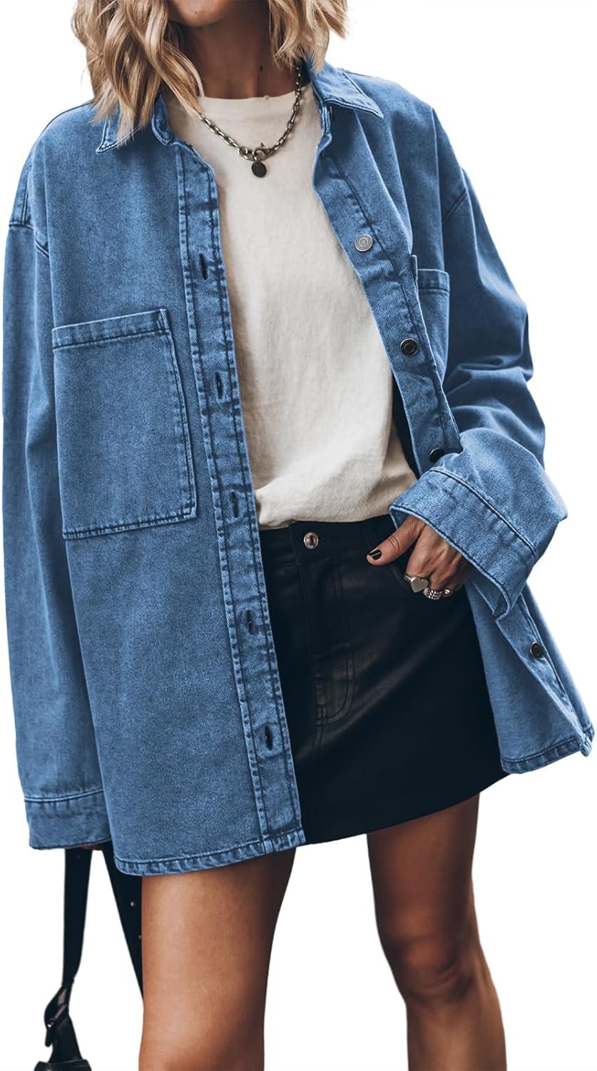 71dDR7kHNYL._AC_SL1500_.jpg Women Jean Jacket Casual Button Up Denim Overshirt Trendy Long Sleeve Denim Jacket Coat - Image 1