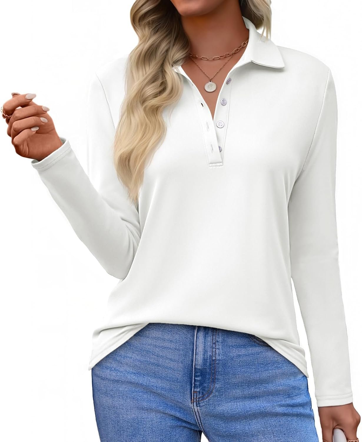 71dMJfoAL._AC_SL1500_.jpg Women Long Sleeve Polo Shirts Business Work Casual V Neck Collared Tops Button Down Loose Fit Tees Shirts - Image 1