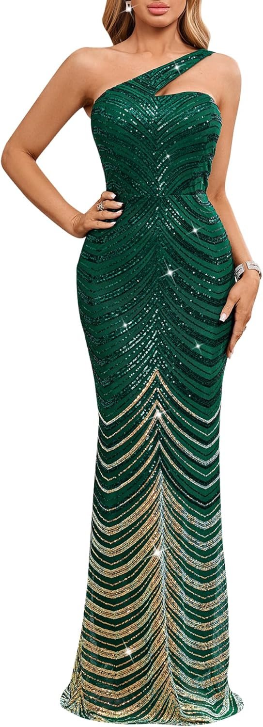 71ooTPppSL._AC_SL1500_.jpg Women One Shoulder Sequin Evening Gown – Formal Maxi Dress for Wedding Guest, Prom, Cocktail - Image 1