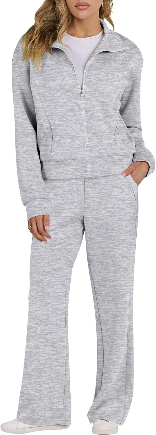 71ujV-goJ2L._AC_SL1500_.jpg Lounge Sets for Women 2 Piece Outfits Sweatsuit Fall Zip Up Sweatshirts Wide Leg Pants Matching Sweat Set Tracksuit - Image 1