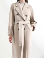 Women Wool Blend Pea Coat Camel Notched Collar Double Breasted Outerwear Jacket - Image 2