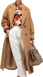 Women Camel Wool-Blend Double-Breasted Short Coat with Lapel Collar