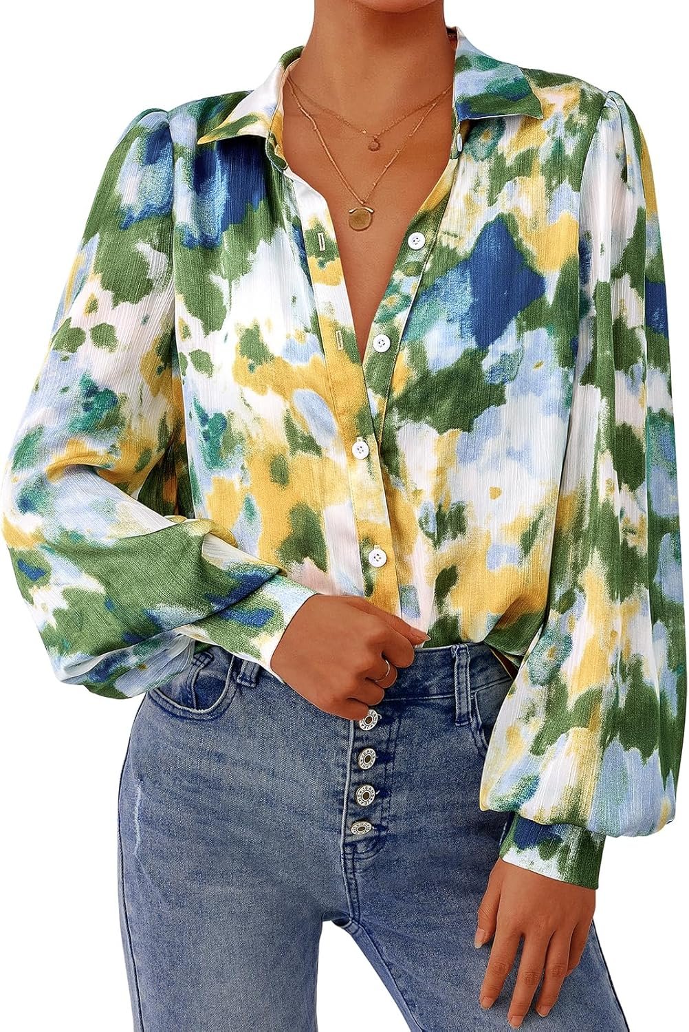 81CZRpLi8yL._AC_SL1500_.jpg Women Floral Blouses Dressy Casual V Neck Button Down Shirts Lantern Long Sleeve Boho Chiffon Fall Tops - Image 1