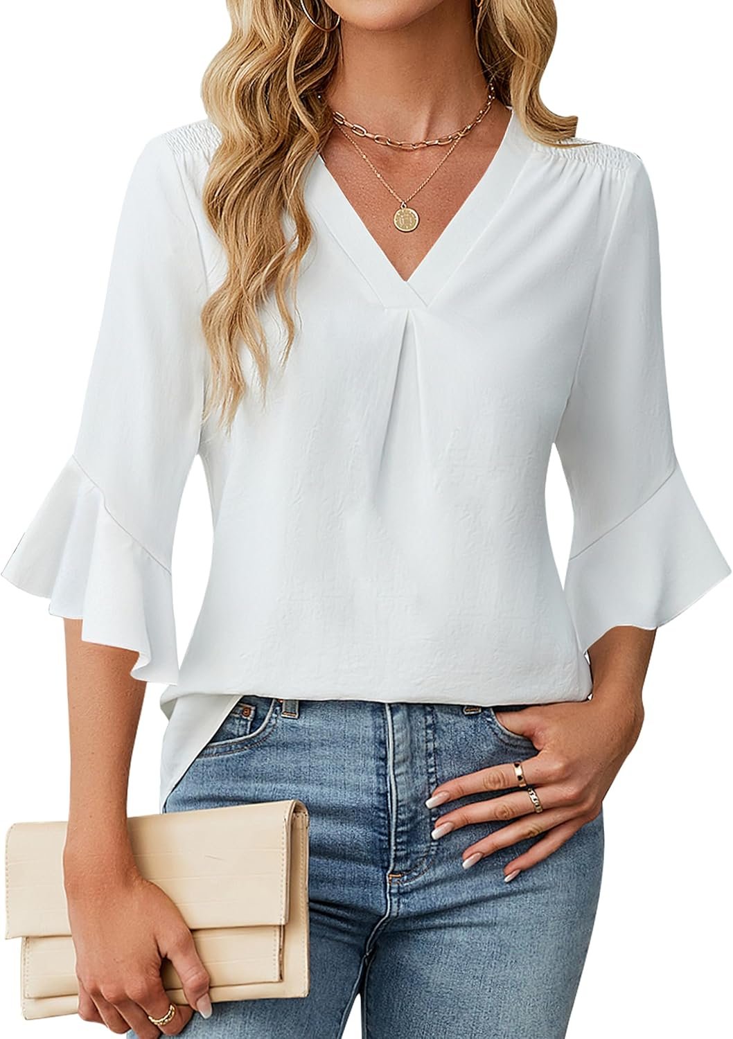 81VBWtPZRVL._AC_SL1500_.jpg Women 3/4 Length Sleeve Tops Summer Dressy Business Casual Blouses Work Shirts Chiffon V Neck Outfits - Image 1
