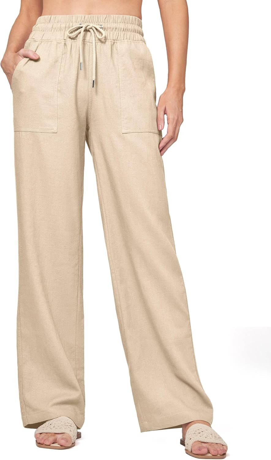 81W9uqO34mL._AC_SL1500_.jpg Women Linen Pants Wide Leg Casual Palazzo Pants Cotton Linen Lounge Beach Summer Pants with Pockets 29"/31"/ 33" - Image 1
