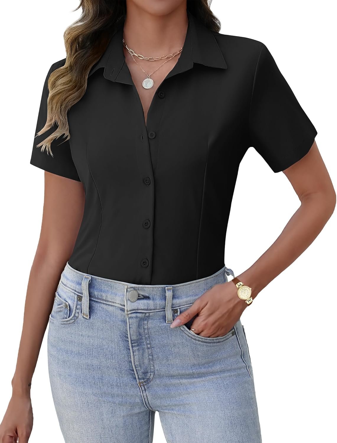 81sOWDmSWvL._AC_SL1500_.jpg Women Button Down Shirts Short Sleeve Dress Shirts Basic Business Collared Work Blouses - Image 1