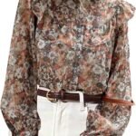 Women Boho Blouses Floral Print Chiffon Long Sleeve Tops Button Down Ruffled Shirts